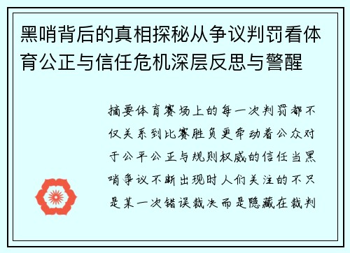 黑哨背后的真相探秘从争议判罚看体育公正与信任危机深层反思与警醒